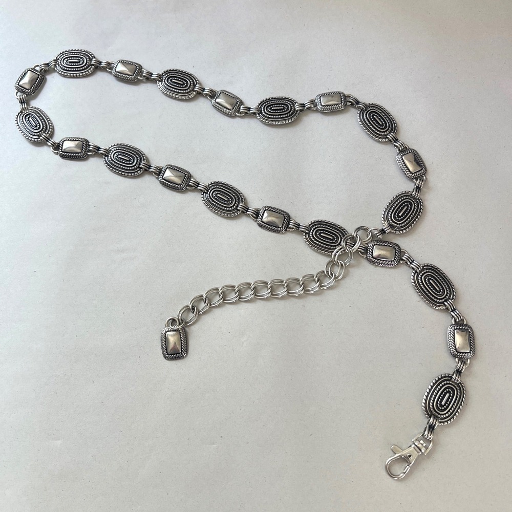 Vintage Silver Tone Medallion Chain Belt‎ Adjustable Boho Western 46 Inch Y2K